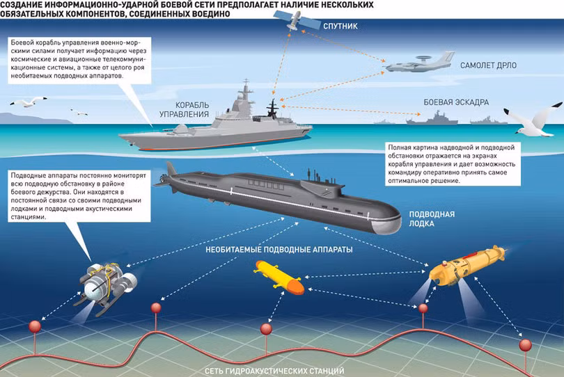 Mạng tác chiến chiến dịch - chiến thuật sử dụng AUV ở độ sâu lớn, liên kết với hệ thống mạng lưới thủy âm và hệ thống các chiến hạm nổi và tàu ngầm. Ảnh: Russian Gazeta.