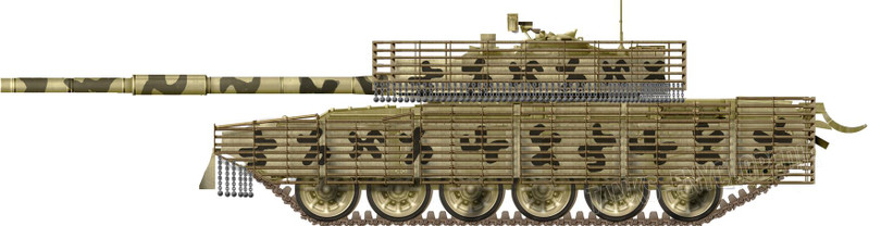 Xe tăng trang bị lồng thép chắn tên lửa T-72 Mahmia. Ảnh: tanks-encyclopedia.