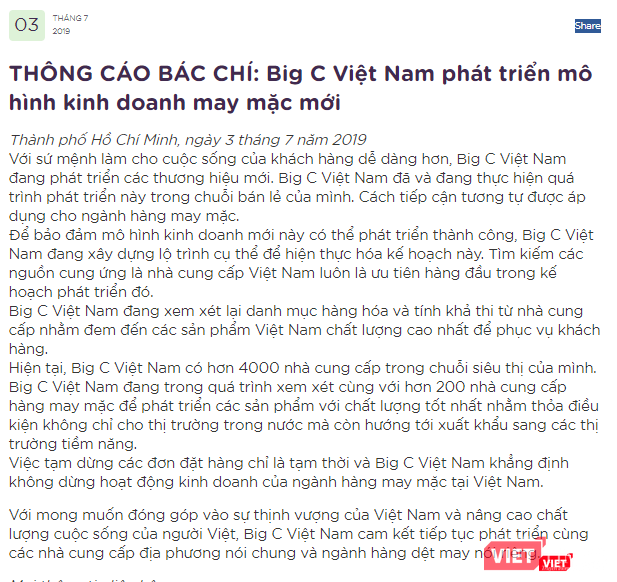 Nội dung thông cáo báo chí của Big C Việt Nam (Ảnh chụp màn hình - Nguồn: Big C Việt Nam)