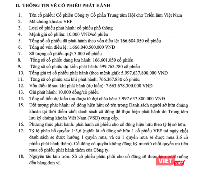 Một số thông tin về đợt phát hành riêng lẻ cho cổ đông hiện hữu của CTCP Trung tâm Hội chợ triển lãm Việt Nam (Nguồn: VEF)