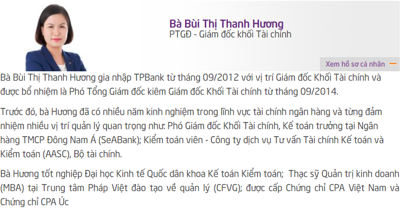 Phần giới thiệu về bà Bùi Thị Thanh Hương trên trang chủ của TPBank (Nguồn: TPBank)
