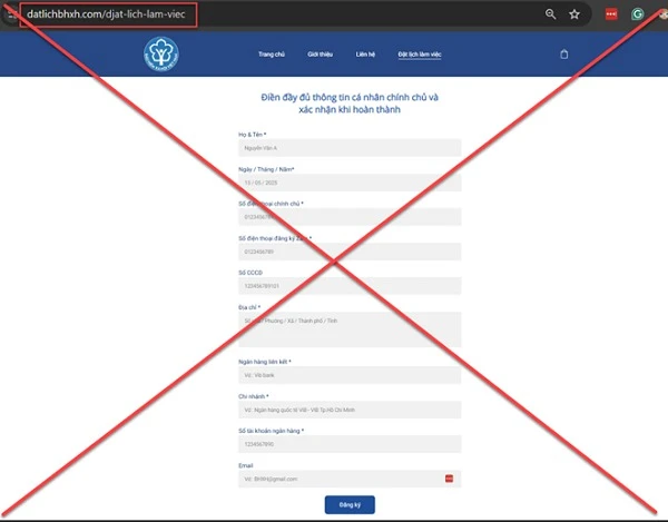 Trang web giả mạo datlichbhxh[.]com có giao diện tương tự trang chính thức. Ảnh: BHXHVN