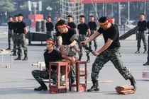 Các lực lượng diễn tập tại buổi lễ xuất quân. Ảnh: Đinh Phương.