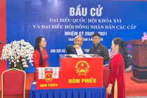 Cử tri bỏ phiếu tại khu vực bỏ phiếu số 3 xã Bình Minh, TP Hà Nội sáng 15/3. Ảnh: Xuân Lực