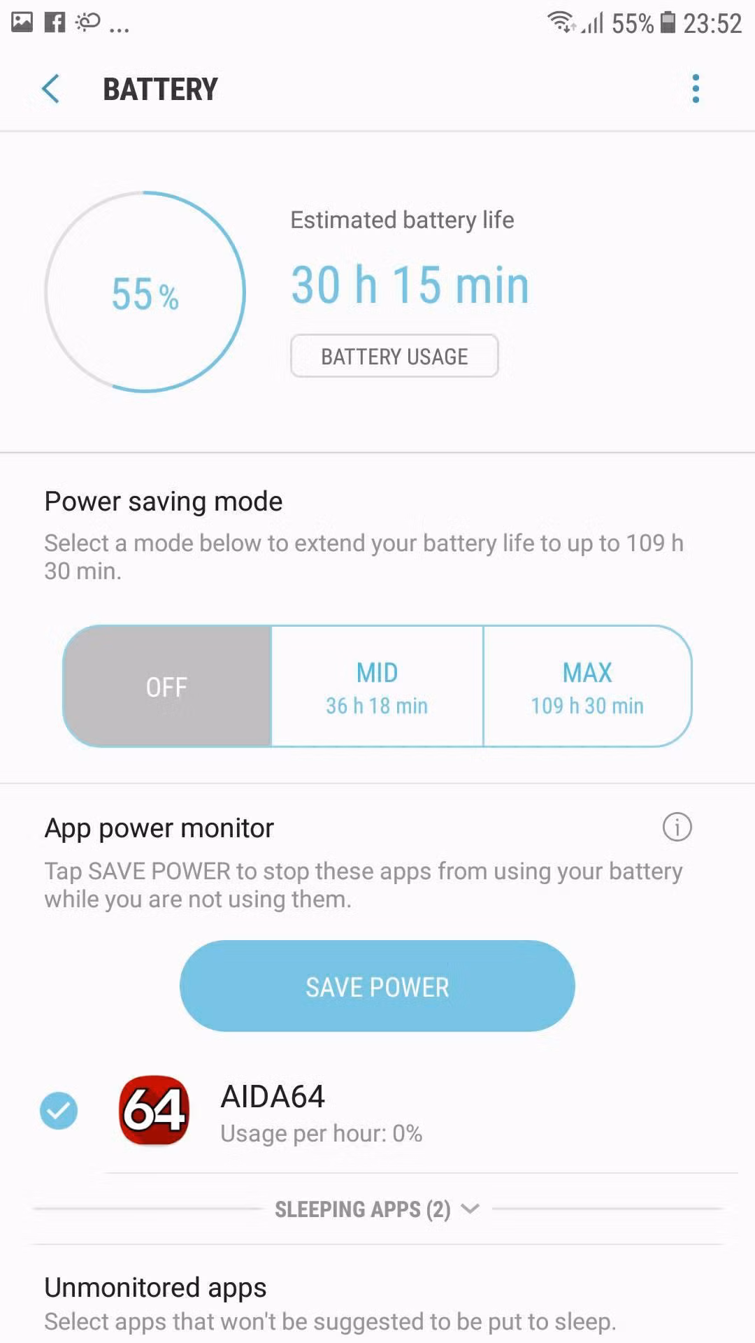Ảnh chụp màn hình trong trình quản lý pin của J7 Plus