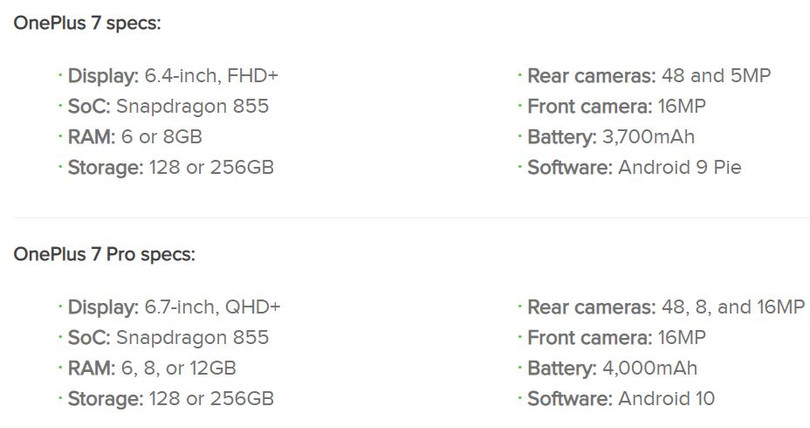 Thông số OnePlus 7 và OnePlus 7 Pro (Ảnh: Android Authority) Thông số OnePlus 7 và OnePlus 7 Pro (Ảnh: Android Authority)