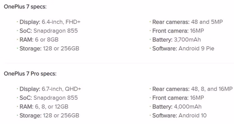 Thông số OnePlus 7 và OnePlus 7 Pro (Ảnh: Android Authority)