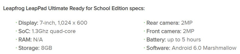 Thông số của chiếc Leapfrog LeapPad Ultimate Ready for Schoole Edition (Ảnh: Androi Authority)
