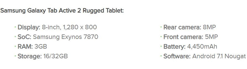 Thông số của chiếc Samsung Galaxy Tab Active 2 Rugged (Ảnh: Android Authority)