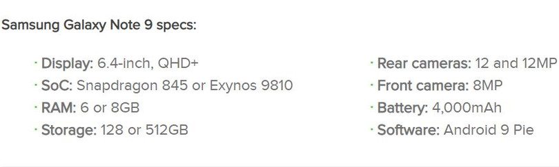 Thông số Samsung Galaxy Note 9 (Ảnh: Android Authority) Thông số Samsung Galaxy Note 9 (Ảnh: Android Authority)