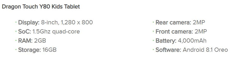 Thông số của chiếc Dragon Touch Y80 Kids (Ảnh: Android Authority)