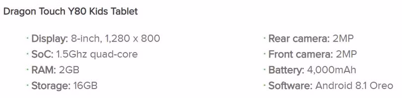 Thông số của chiếc Dragon Touch Y80 Kids (Ảnh: Android Authority)
