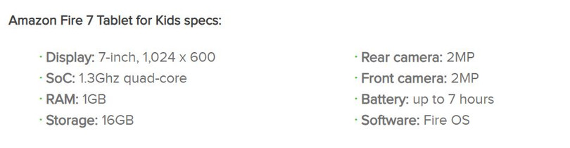 Thông số của chiếc Amazon Fire 7 Tablet for Kids (Ảnh: Android Authority)
