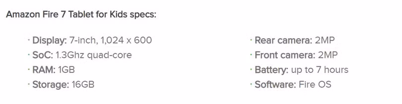 Thông số của chiếc Amazon Fire 7 Tablet for Kids (Ảnh: Android Authority)