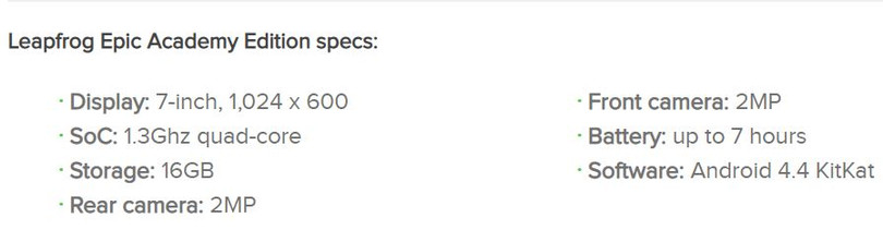 Thông số của chiếc Leapfrog Epic Acadamy Edition (Ảnh: Android Authority)