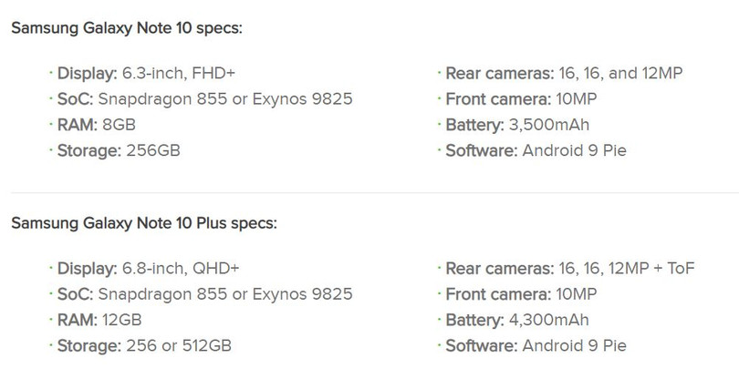 Thông số Samsung Galaxy Note 10 và Note 10 Plus (Ảnh: Android Authority) Thông số Samsung Galaxy Note 10 và Note 10 Plus (Ảnh: Android Authority)
