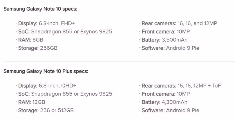 Thông số Samsung Galaxy Note 10 và Note 10 Plus (Ảnh: Android Authority)