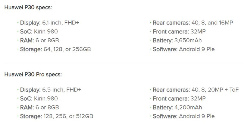 Thông số Huawei P30 và P30 Pro Thông số Huawei P30 và P30 Pro