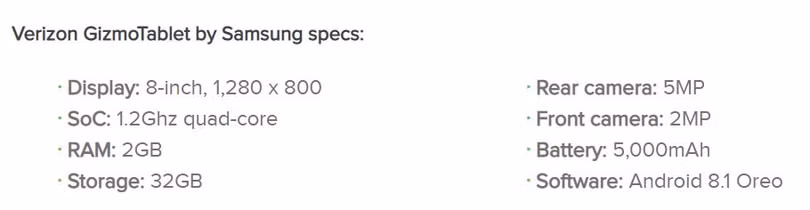 Thông số của chiếc Verizon Gizmo (Ảnh: Android Authority)