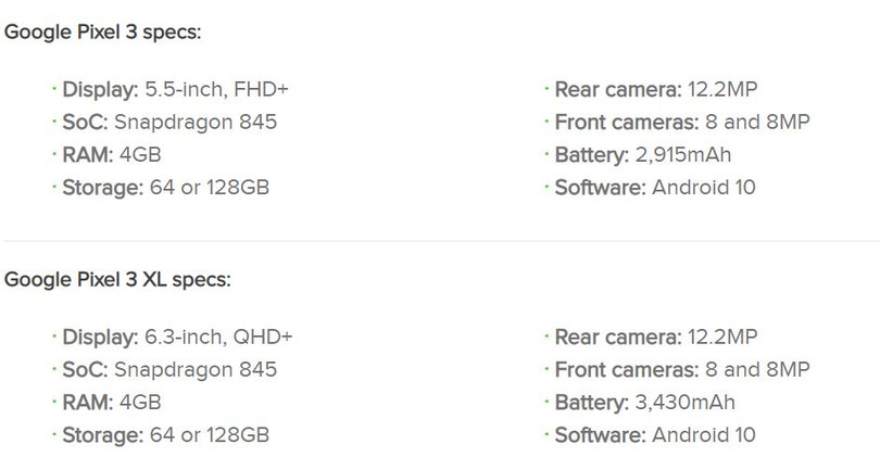 Thông số Google Pixel 3 và Google Pixel 3 XL