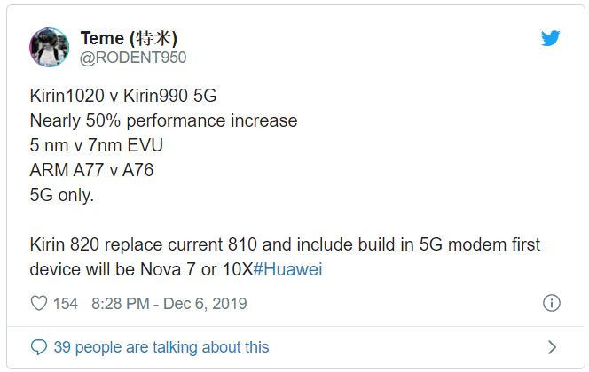 Thông số kỹ thuật được cho là của dòng chip Kirin 1020 (Ảnh: Twitter) Thông số kỹ thuật được cho là của dòng chip Kirin 1020 (Ảnh: Twitter)