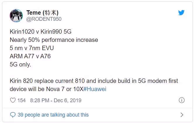 Thông số kỹ thuật được cho là của dòng chip Kirin 1020 (Ảnh: Twitter) Thông số kỹ thuật được cho là của dòng chip Kirin 1020 (Ảnh: Twitter)