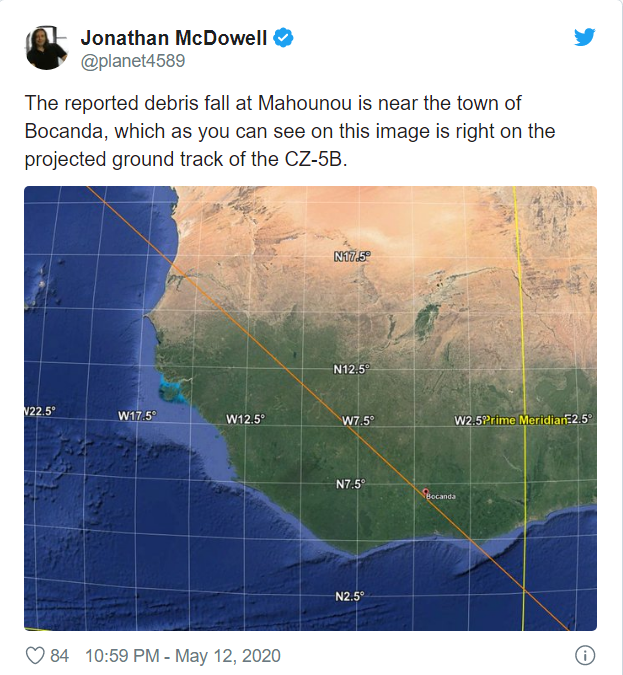 Jonathan McDowell cho biết tên lửa Long March 5B đã bay qua 1 thị trấn tại Bờ Biển Ngà (Nguồn: Twitter)