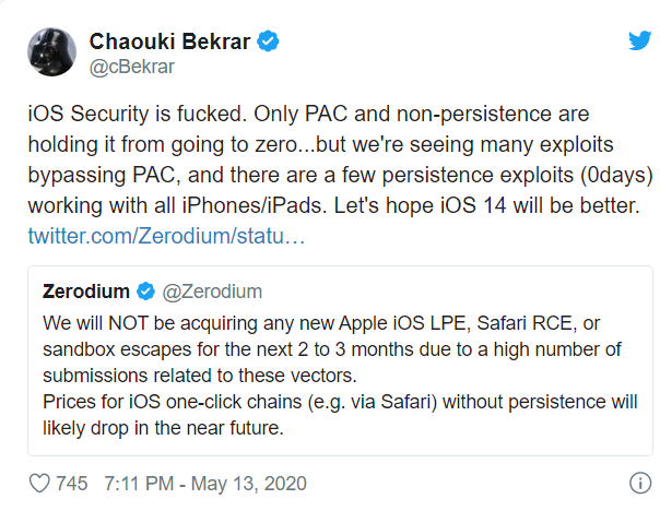 Người sáng lập của Zerodium chê thậm tệ hệ thống bảo mật của iOS (Nguồn: Twitter)