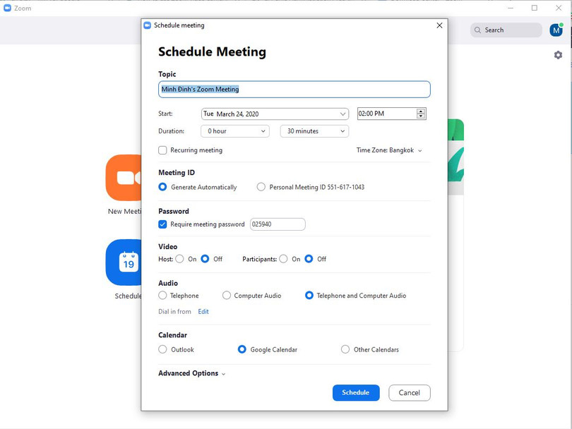 Lên lịch cuộc họp (Ảnh: Zoom)