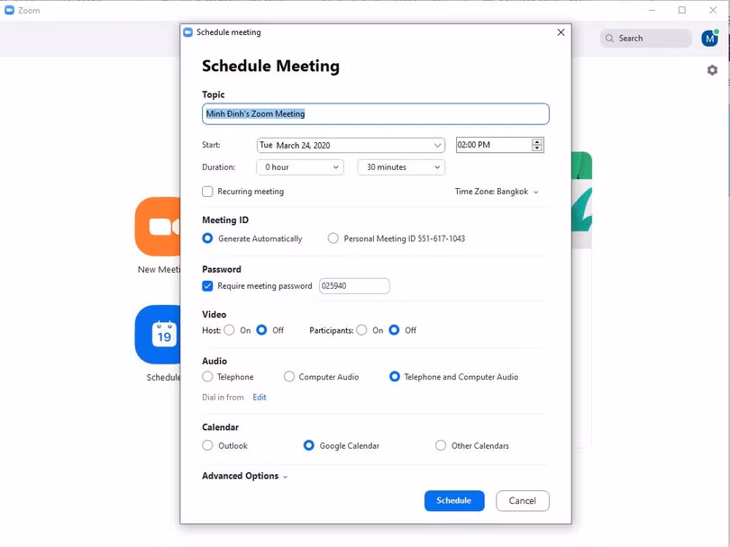 Lên lịch cuộc họp (Ảnh: Zoom)