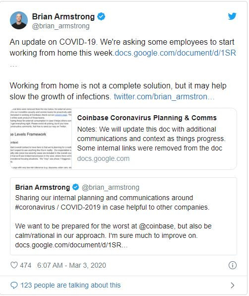 Bài đăng của ông Brian Armstrong trên Twitter (Nguồn: Twitter) Bài đăng của ông Brian Armstrong trên Twitter (Nguồn: Twitter)