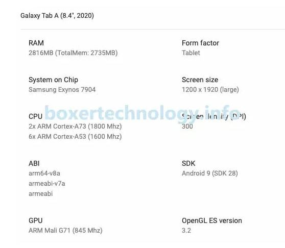 Thông số kỹ thuật của Samsung Galaxy Tab A 8.4 (2020) (Ảnh: Boxertechnology)