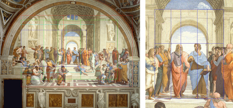 Các lớp tỷ lệ vàng trong tác phẩm The School of Athens của Rafael. Ảnh: Golden Number. Các lớp tỷ lệ vàng trong tác phẩm The School of Athens của Rafael. Ảnh: Golden Number.