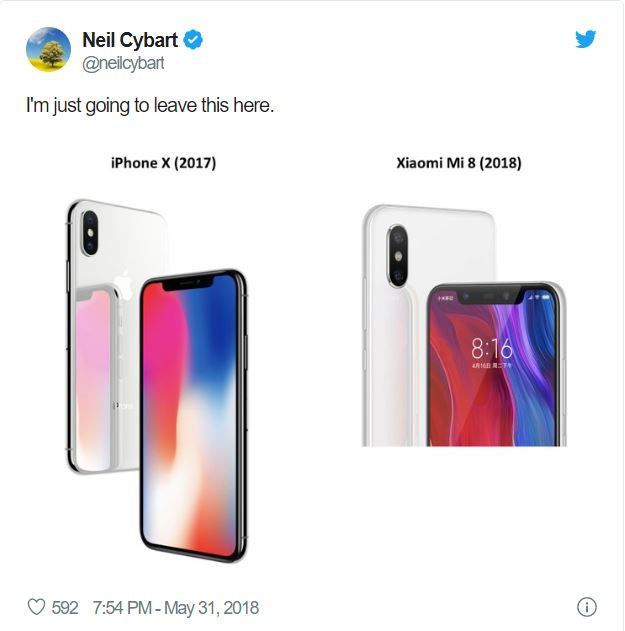 Chiếc Xiaomi Mi 8 bị chỉ trích rất nhiều vì bị cho là ăn cắp trắng trợn thiết kế của chiếc iPhone X (Nguồn: Twitter) Chiếc Xiaomi Mi 8 bị chỉ trích rất nhiều vì bị cho là ăn cắp trắng trợn thiết kế của chiếc iPhone X (Nguồn: Twitter)