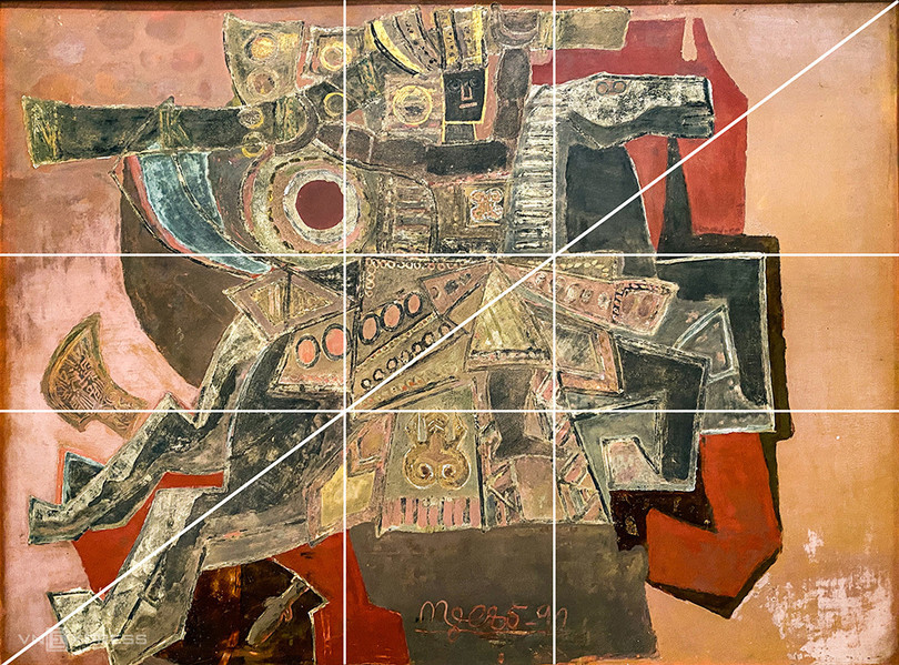 Ứng dụng tỷ lệ vàng cho các mảng, khối của tranh, trong khi đường chéo thể hiện hướng bay lên của chủ thể. Ứng dụng tỷ lệ vàng cho các mảng, khối của tranh, trong khi đường chéo thể hiện hướng bay lên của chủ thể.