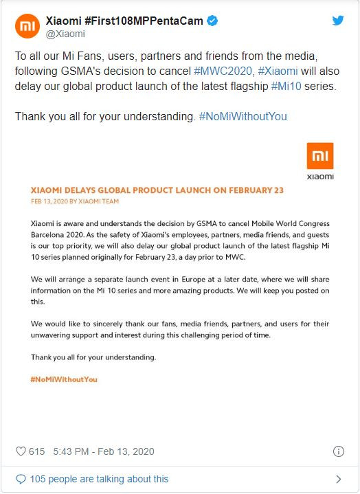 Bài đăng thông báo tạm hoãn ngày ra mắt Mi 10 và Mi 10 Pro bản quốc tế của Xiaomi trên Twitter (Nguồn: Twitter)