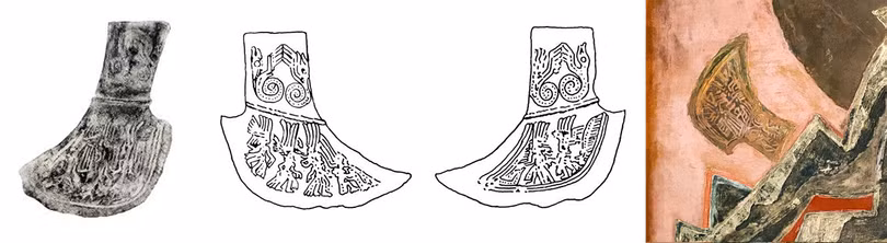 Rìu đồng với hoa văn người và động vật cách điệu.