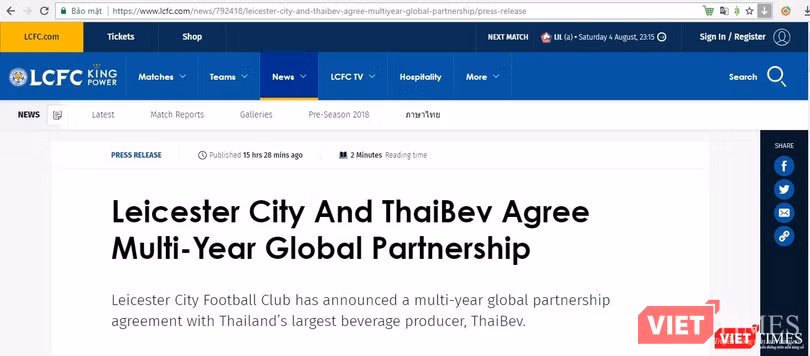 Thông cáo của Leicester City về thỏa thuận với ThaiBev Thông cáo của Leicester City về thỏa thuận với ThaiBev