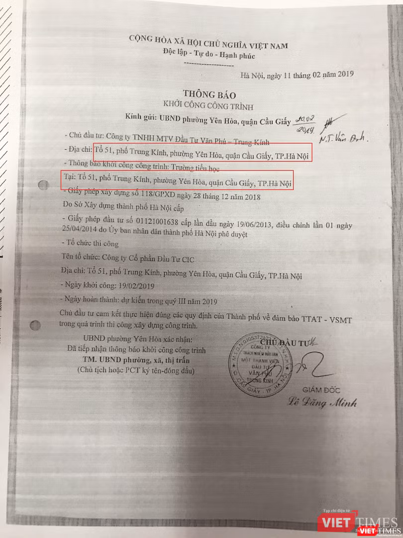 Thông báo khởi công công trình không nêu chi tiết khởi công tại địa chỉ 177 Trung Kính