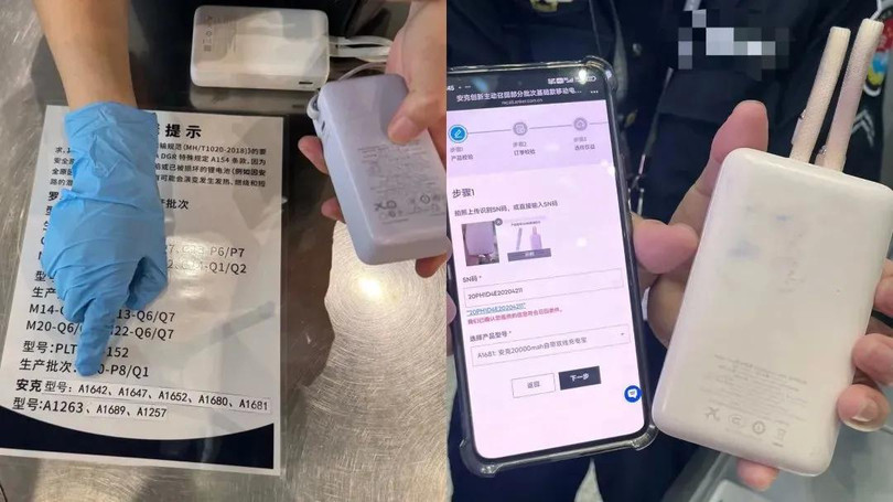 Nhân viên an ninh sân bay đối chiếu danh mục thiết bị sạc vi phạm để thu hồi. Ảnh: Ifeng.