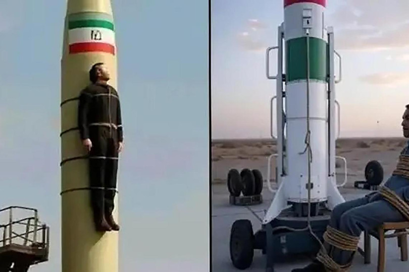 Ảnh giả do AI tạo ra về gián điệp Israel bị bắt, được Iran trói vào tên lửa phóng trả về. Ảnh: Zaobao