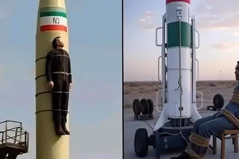 Ảnh giả do AI tạo ra về gián điệp Israel bị bắt, được Iran trói vào tên lửa phóng trả về. Ảnh: Zaobao