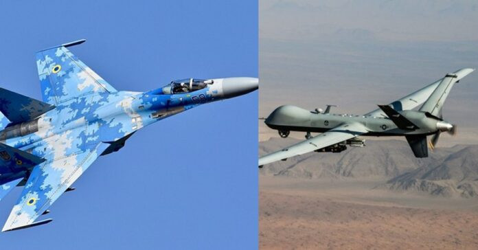 Phía Mỹ cho rằng chiếc Su-27 của Nga (trái) đã đâm va vào cánh quạt của chiếc MQ-9 khiến nó bị rơi (Ảnh: news.seehua).