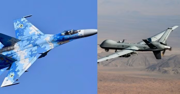 Phía Mỹ cho rằng chiếc Su-27 của Nga (trái) đã đâm va vào cánh quạt của chiếc MQ-9 khiến nó bị rơi (Ảnh: news.seehua).