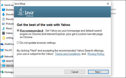 Một ứng dụng/công cụ "khuyên" người dùng cài đặt toolbar Yahoo và đặt trang này làm trang chủ mặc định. Một ứng dụng/công cụ "khuyên" người dùng cài đặt toolbar Yahoo và đặt trang này làm trang chủ mặc định.