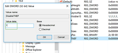 Thay đổi giá trị cho khóa DisableTNEF.