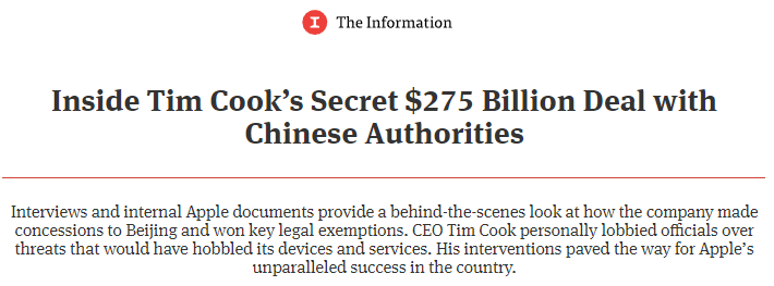 Trang The Information đăng bài phanh phui chuyện Apple bí mật thông đồng với Trung Quốc. Trang The Information đăng bài phanh phui chuyện Apple bí mật thông đồng với Trung Quốc.