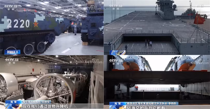 Ảnh chụp bên trong tàu Type 075 Hải Nam: xe bọc thép, tàu đổ bộ đệm khí, trực thăng đang được nâng lên boong và mặt boong tàu (Ảnh: CCTV).