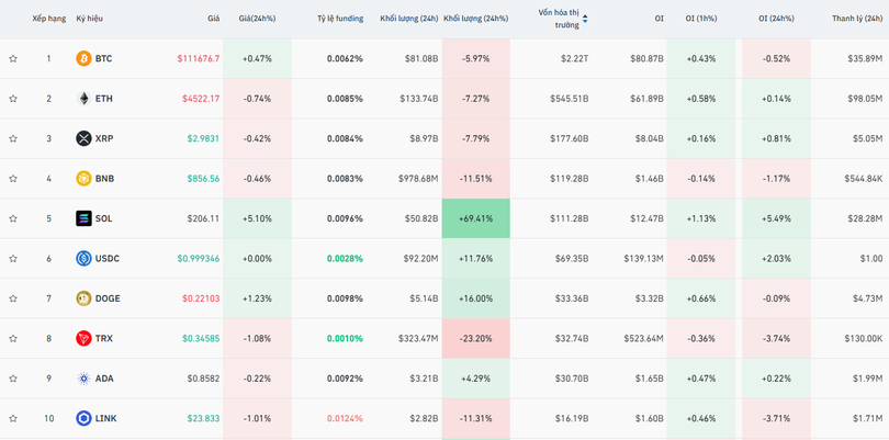 10 đồng tiền mã hoá lớn nhất. Ảnh: Coin Glass.