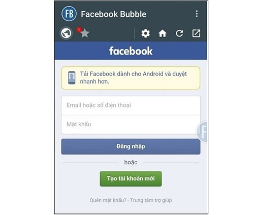 Ở lần sử dụng đầu tiên, Bubble for Facebook yêu cầu người dùng đăng nhập tài khoản Facebook của mình. Ở lần sử dụng đầu tiên, Bubble for Facebook yêu cầu người dùng đăng nhập tài khoản Facebook của mình.